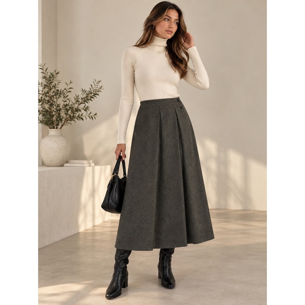COMMENSE Grey Tweed Pleated Button Midi Skirt A-Line Quiet Luxury Size Large